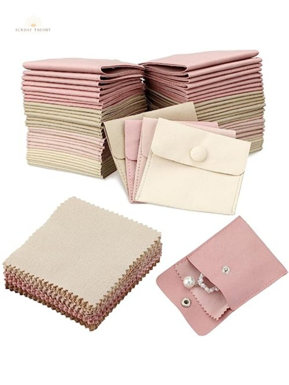 120 Pack Microfiber Jewelry Pouches with Cleaning Cloths, Snap Button Gift Bags